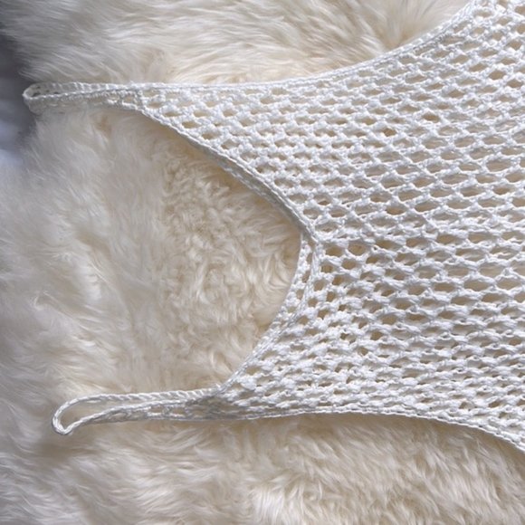 White Bohemian Crochet Knit Sheer Beach Cotton Cover Up Shirt Dress S M 4/6 - Picture 8 of 10